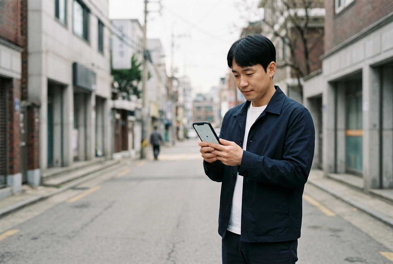 스마트폰으로 연계 병원을 확인하는 남성