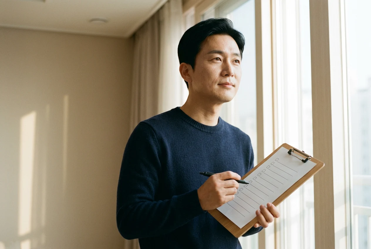 보험사 평가 체크리스트를 들고 검토하는 소비자