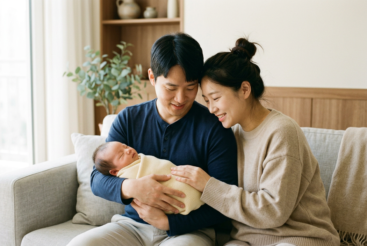 신생아를 함께 안고 있는 한국인 부부 — 출생 직후 보장 준비