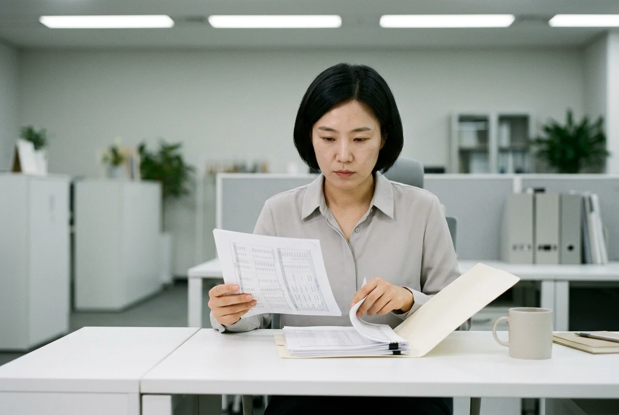 사무실 책상에서 폴더를 검토하는 30대 여성