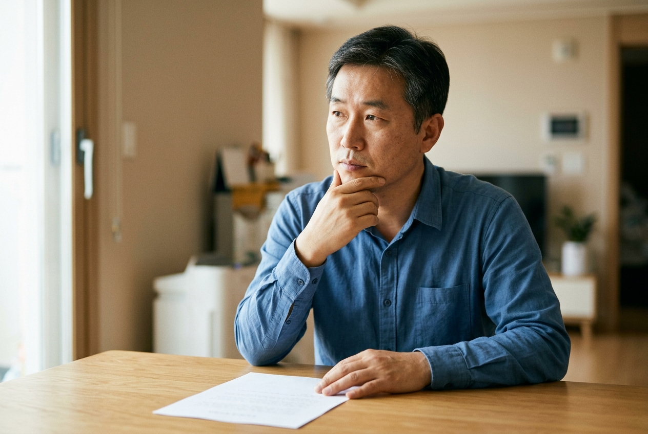 식탁에서 생각에 잠긴 채 서류를 들여다보는 40대 남성